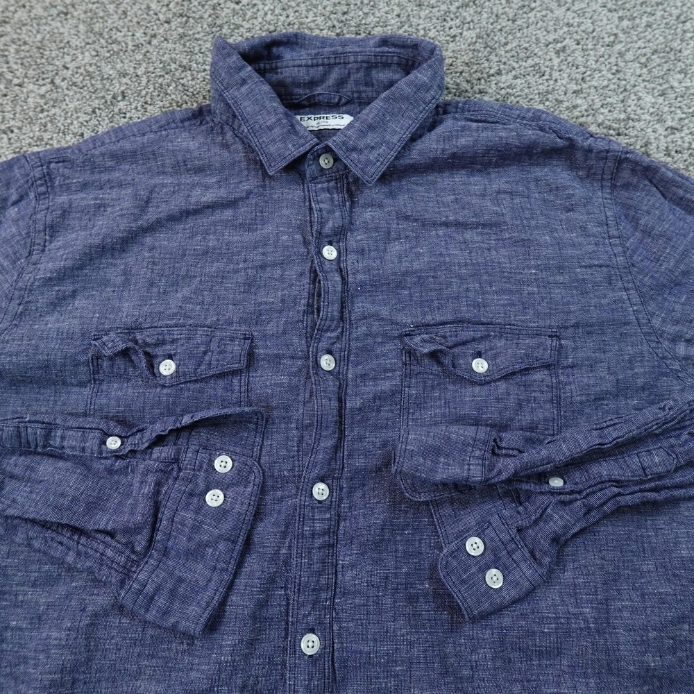 Express Shirt Mens XL Blue Linen Chambray Button Up Long Sleeve Casual Preppy